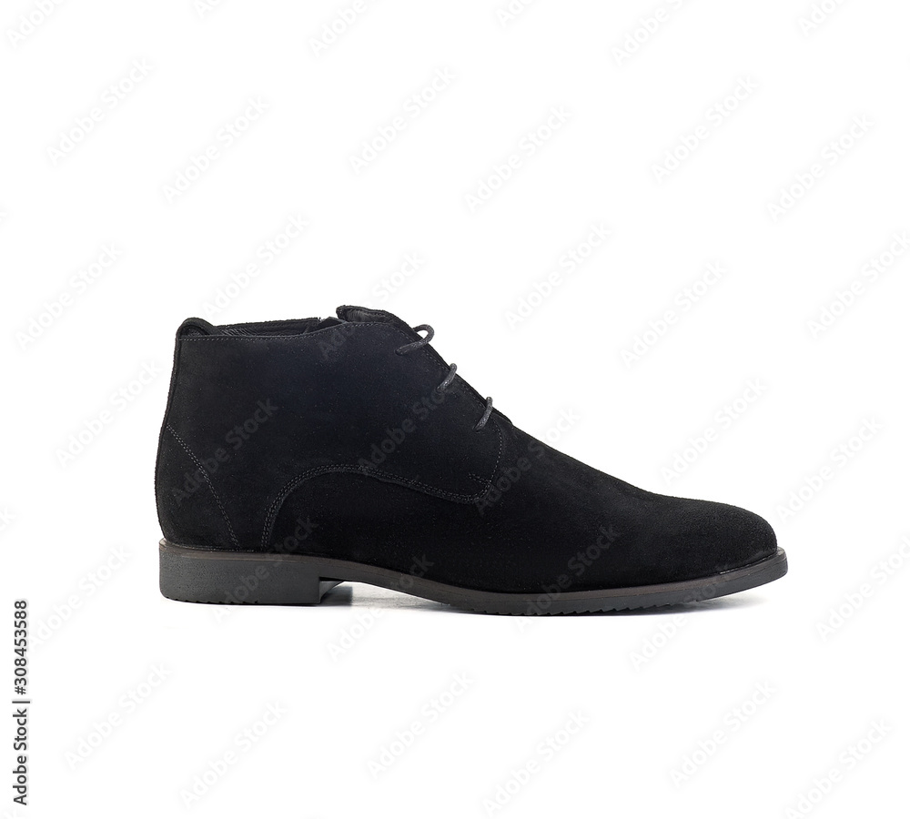 Men's ankle black nubuck boot with nubuck leather isolated on white background, closed up..