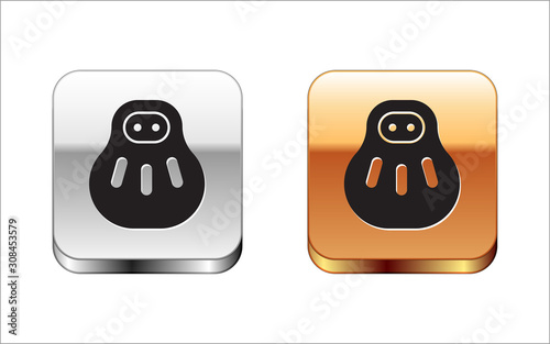 Black Maneki neko cat icon isolated on white background. Japan lucky charm. Silver-gold square button. Vector Illustration