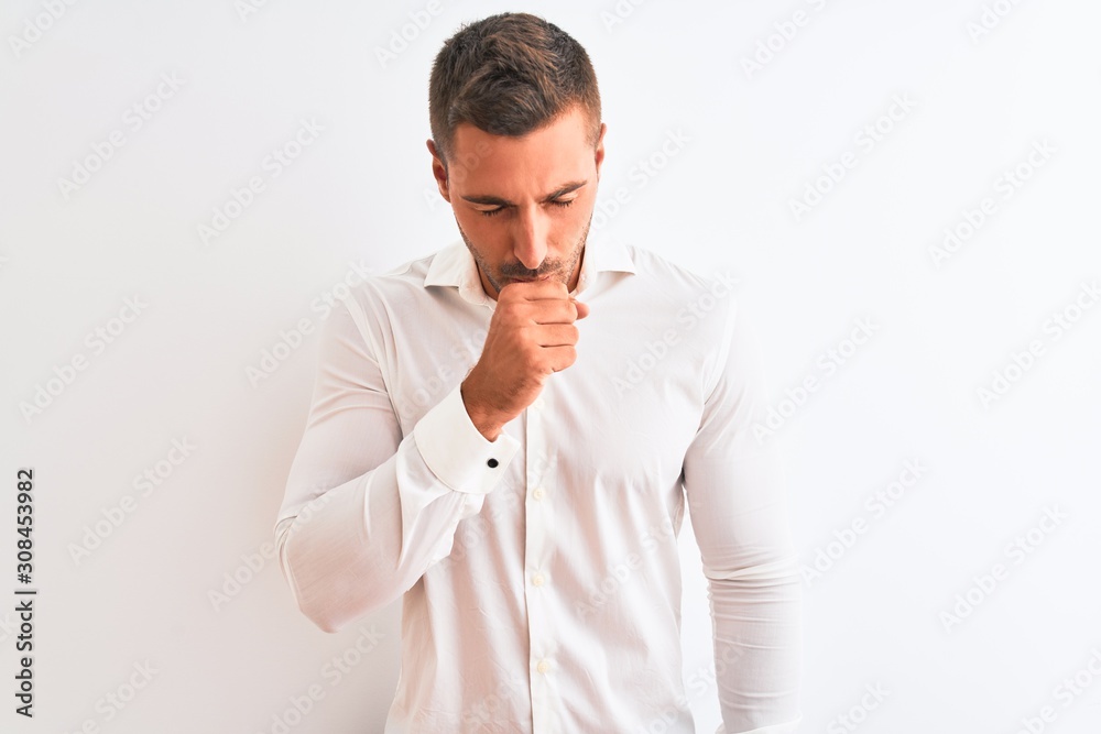 Young handsome business man wearing elegant shirt over isolated background feeling unwell and coughing as symptom for cold or bronchitis. Healthcare concept. Young handsome business man wearing elegant shirt over isolated background feeling unwell and coughing as symptom for cold or bronchitis. Healthcare concept.
