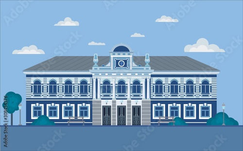 Classical Palace in the Baroque style. Flat design isolated on white. Villa in a classic style. Historical mansion. Old big house. The property. Can be used for posters, banners, postcards, books