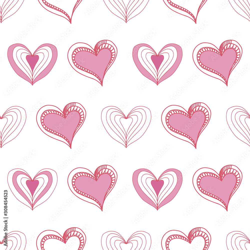 Cororful Romantic cute seamless pattern with hearts. Vector. Doodle style. Decorative Hand drawing background. Valentine day. Red, light pink, white. For packaging paper, fabric