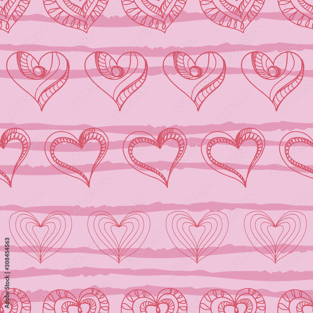 Cororful Romantic cute seamless pattern with hearts. Vector. Doodle style. Decorative Hand drawing background. Valentine day. Red, light pink. For packaging paper, fabric