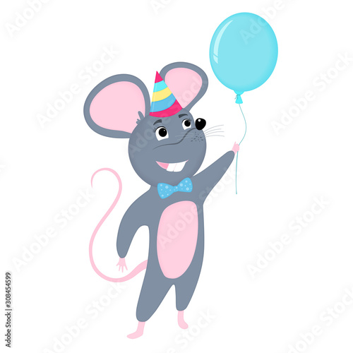 Cartoon mouse in party hat holds balloon. Funny rat. Mice. Symbol of Chinese New Year 2020.