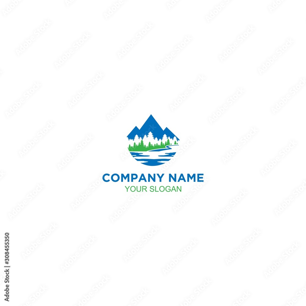 Mountain Pine and Creek Logo Design Vector