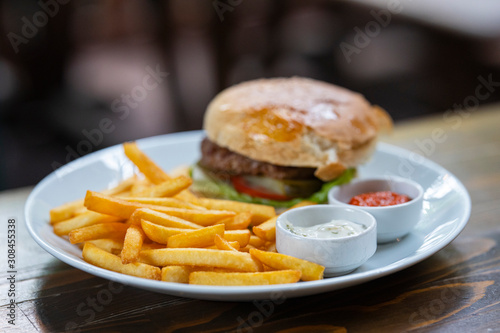 Delicious hamburger and French fries