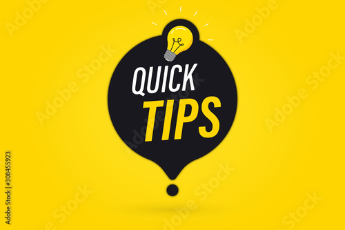 Quick tips, helpful tricks vector logos, emblems and banners. Quick Tips badge with light bulb and speech bubble. Helpful idea, solution and trick