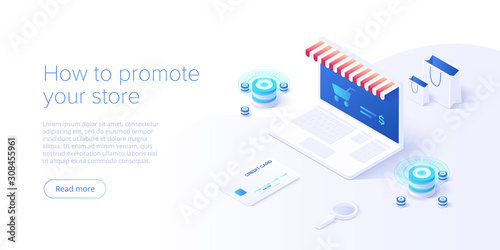 Online shopping or e-commerce isometric vector illustration. Internet store checkput procedure concept with smartphone and bag. Credit card payment transaction via app.