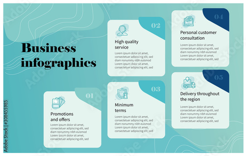 Business infographic Vector with 5 steps. Used for business presentation, information, education, connection, marketing, project, strategy, technology, creative, abstract, stairs,i dea, text, work.