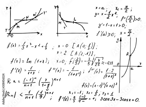 Vintage education and scientific background. Math law theory and mathematical formula, equation and scheme on whiteboard. Vector hand-drawn illustration.