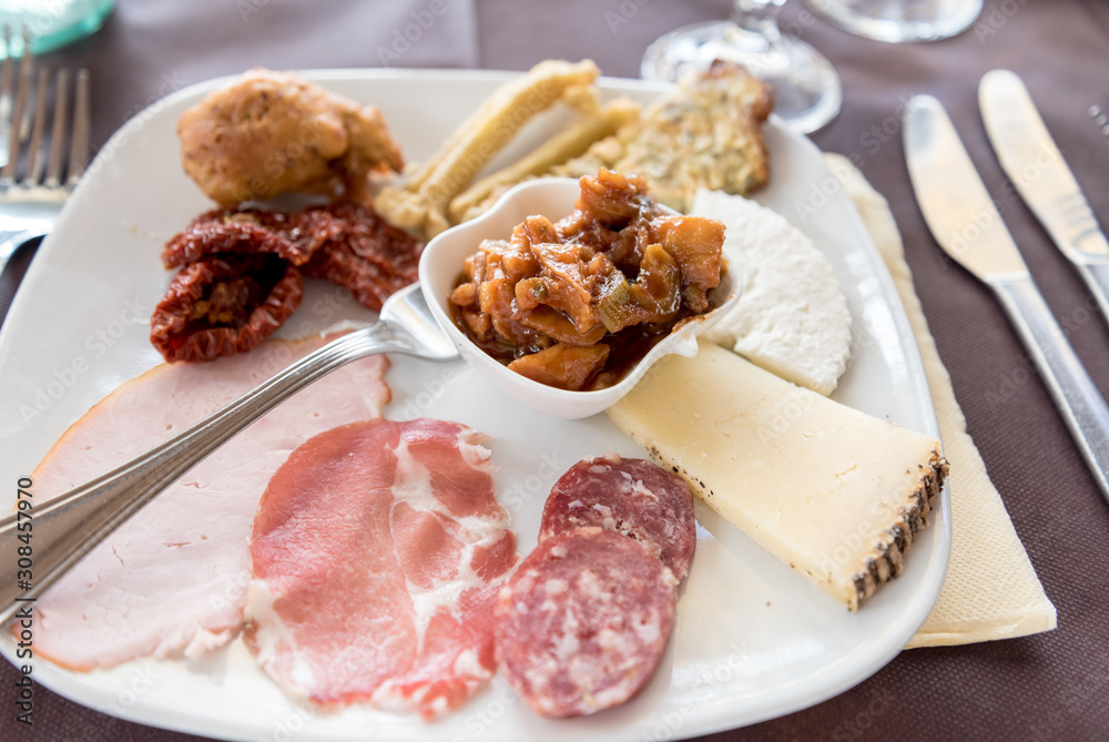 Sicilian, antipasto, mixed, caponata, serving, fork, cheese, ham, salami, tomatoes, fried, manna, local, produce, platter, fried, fritters, eggs, genuine, products, variety, wine, antipasti, antipasto