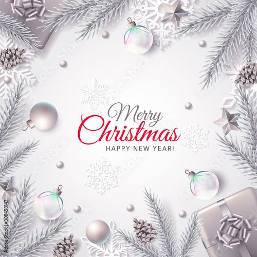 Vector holiday banner with decorations in silver and white colors