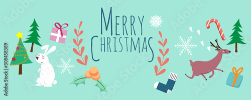 Merry Christmas. cute cartoon of animals character   Christmas tree and gift box with text Merry Christmas isolated on light green background. vector design