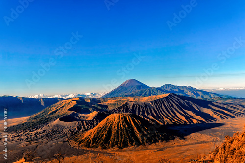 Mount Bromo volcano during sunrise from viewpoint. Mount Bromo is an active volcano and one of the most visited tourist attractions in East Java, Indonesia. .