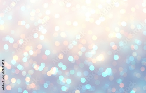 Magical sparkling bokeh texture. Winter festive glitter background. New year gleaming iridescent pattern. Christmas shimmer illustration. Wonderful blue yellow blurred gradient. Brilliance ombre.