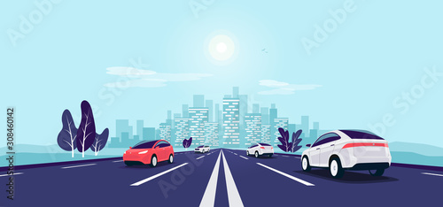 Traffic on the highway panoramic perspective horizon vanishing point view. Flat vector cartoon style illustration urban landscape motorway with cars, skyline city buildings and road going to the city. photo