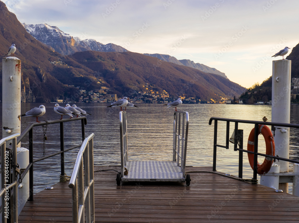 Φωτογραφία the golden water of the Lugano lake, seen from the pier, at sunset