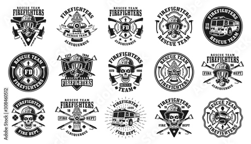 Slika na platnu Firefighters big set of vector isolated emblems