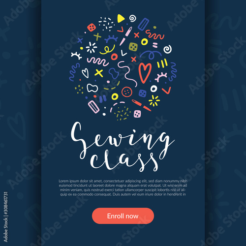 Sewing class, colorful promotion web banner for crafts, tailoring or dresmaking courses. Lettering phrase on colorful background with doodle illustrations, vector template, place for your text.