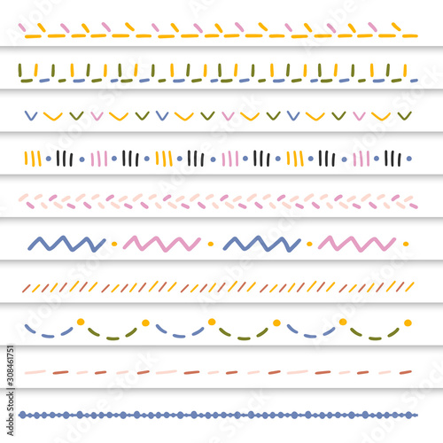 Decorative embroidery pattern brushes, sewing and crafts decoration lines, ornaments. abstract border elements, colorful stitches