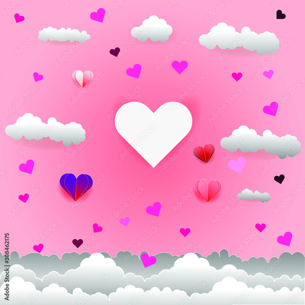 illustration of love and valentine day,Paper art of heart scattering little heart in the sky,origami and valentine's day concept, vector art and illustration
