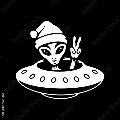 ALIEN IN SANTA HAT WHITE BLACK BACKGROUND