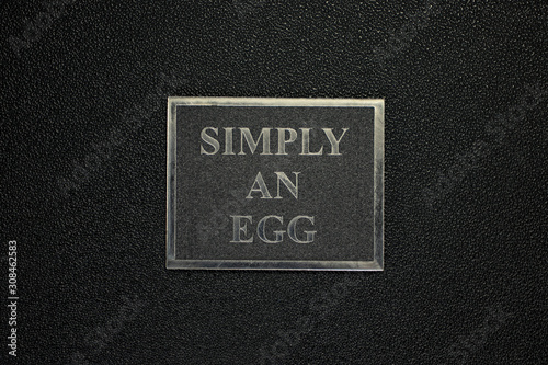 plate on a black matte background on which is written simply an egg