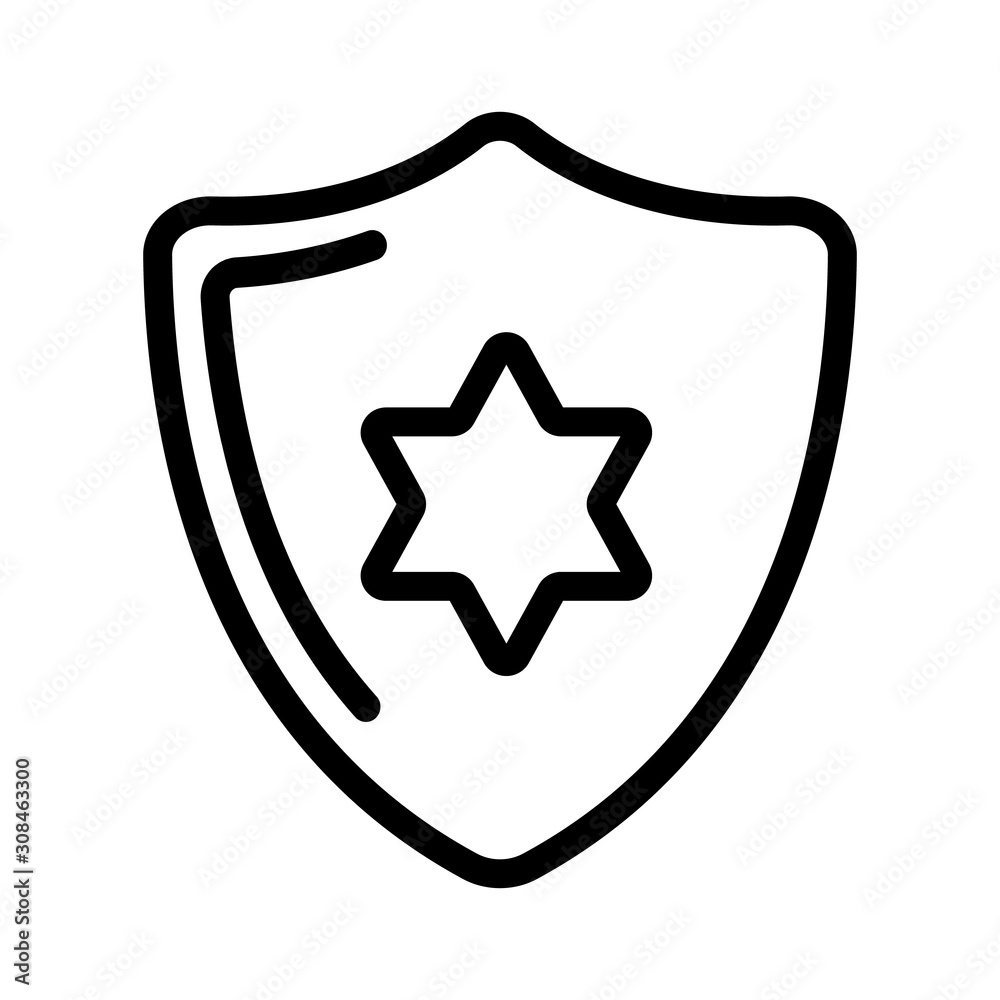 Shield justice icon vector. Thin line sign. Isolated contour symbol illustration Shield justice icon vector. Thin line sign. Isolated contour symbol illustration