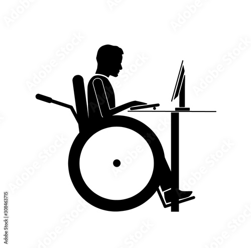 a man in a wheelchair sits at a computer. employment of people with disabilities. vector illustration.