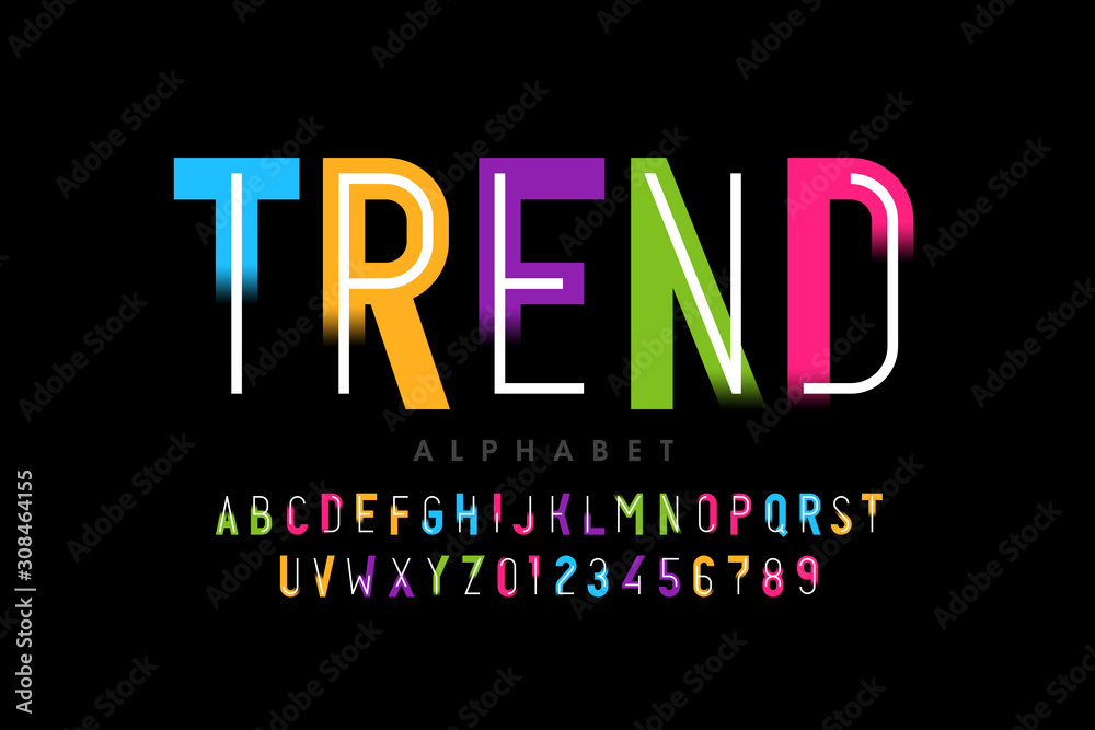 Naklejka Bright colorful modern style font design, vivid alphabet, letters and numbers