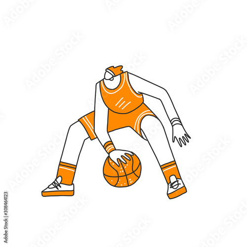 Vector hand drawn colored sketch illustration of professional basketball player, playing with basketball ball in dynamic pose, isolated on white. Hand draw vector illustration of professional basket