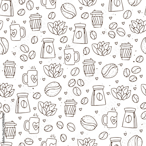 Vector seamless coffee pattern with coffee beans and leaves  sack of coffee seeds  cofe equipment. Hand draw cafe seamless pattern with light texture on white background