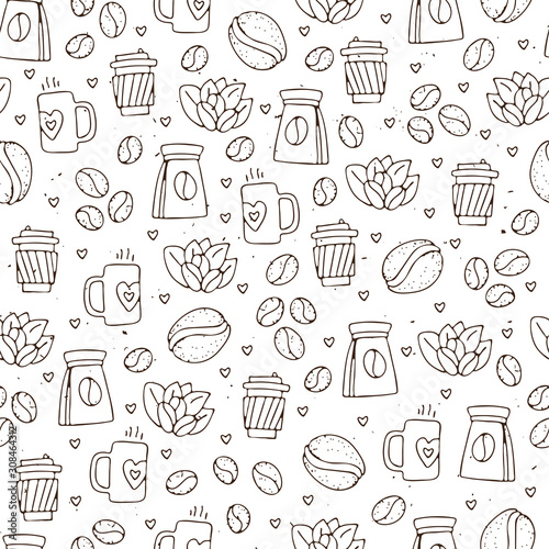 Vector seamless coffee pattern with coffee beans and leaves, sack of coffee seeds, cofe equipment. Hand draw cafe seamless pattern with light texture on white background