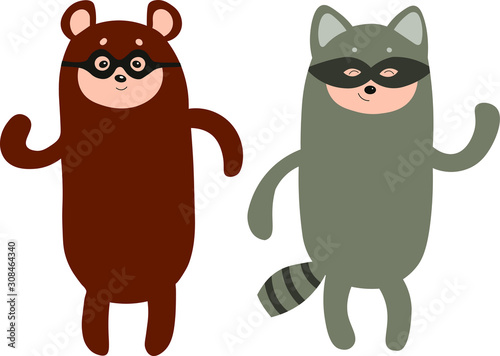 cute and funny animal characters racoon and bear in cartoon style, vector illustration for children. Characters are in masks, they looks optimistic and smile joyfully.