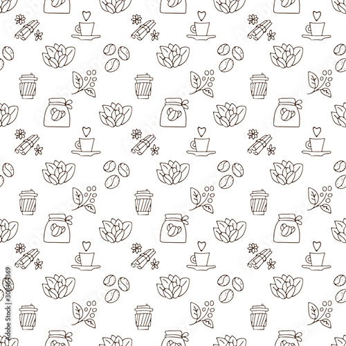 Vector hand draw coffee cup and coffee beans with leaves pattern. Coffe take away simple seamless pattern  paper coffee cups on white background  sketch textured background  coffee seamless pattern