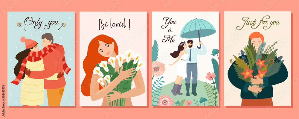 Collection of romantic cards. Vector design concepts for Valentine's Day. Beautiful illustrations with flowers and loving couples.