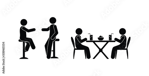restaurant icon, stick figure pictogram man drinks and communicates, people sit at a table with drinks
