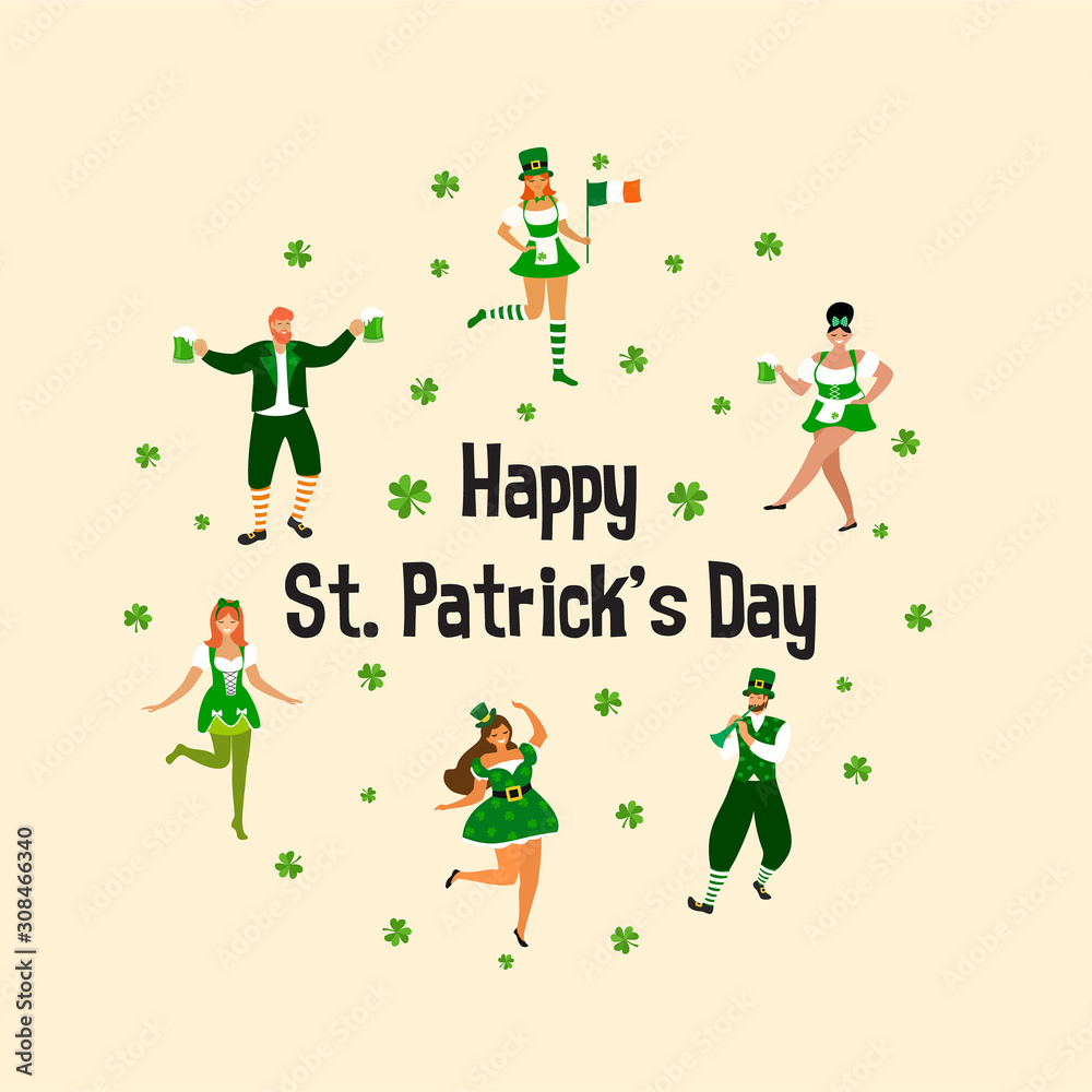 Saint Patrick 's Day. Template with funny dancing people in festive costumes. Vector illustration. Idea for banner, poster, card, postcard and printable. Saint Patrick 's Day. Template with funny dancing people in festive costumes. Vector illustration. Idea for banner, poster, card, postcard and printable.