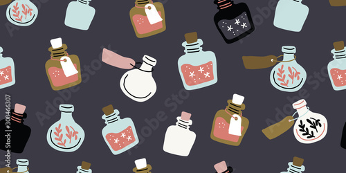 Seamless pattern - colorful magic potion bottles 