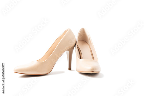 Beige women's leather boots isolated on white background. Clipping path. Front view