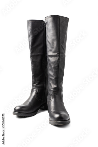 Female black leather boots isolated on white background. Clipping path. Front view