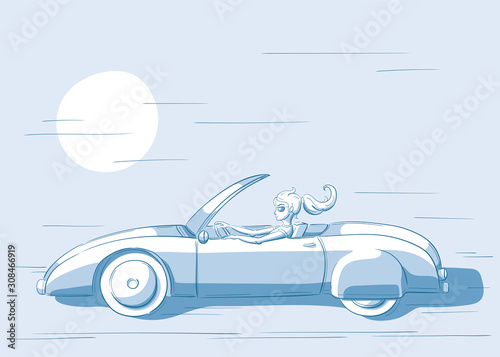young woman driving a cabriolet illustration