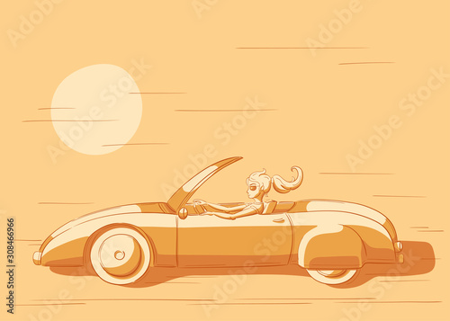 young woman driving a cabriolet illustration