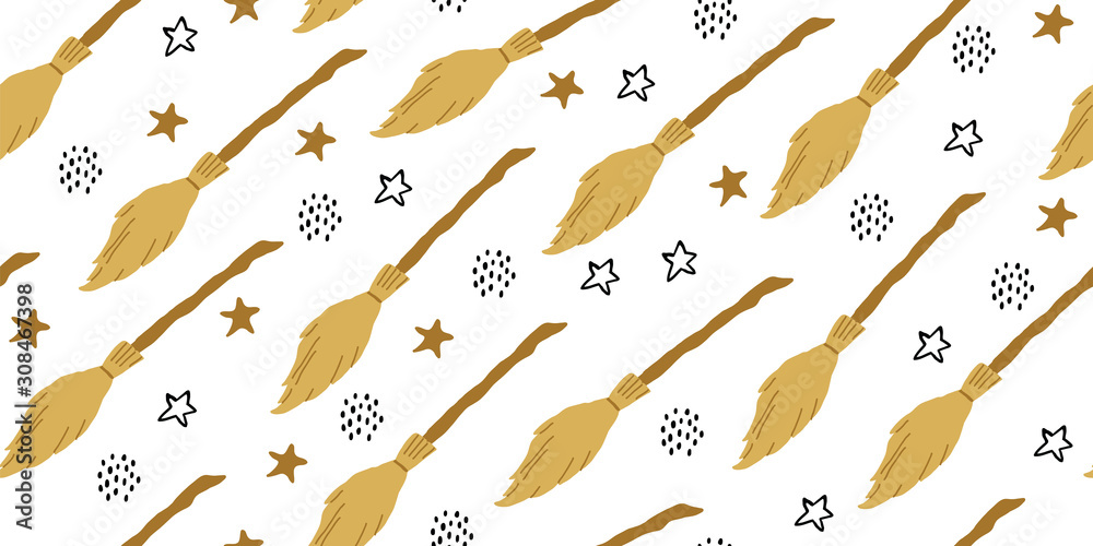 Naklejka premium seamless witch pattern with flying brooms, magic
