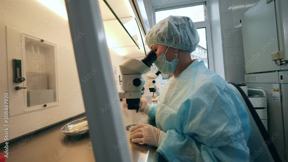 Female worker is operating a microscope in the laboratory