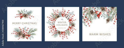 Nature design square greeting cards template, circle frame, text Winter Holidays, Warm Wishes, Merry Christmas, white background. Green pine, fir twigs, cones, red berries. Vector xmas illustration photo