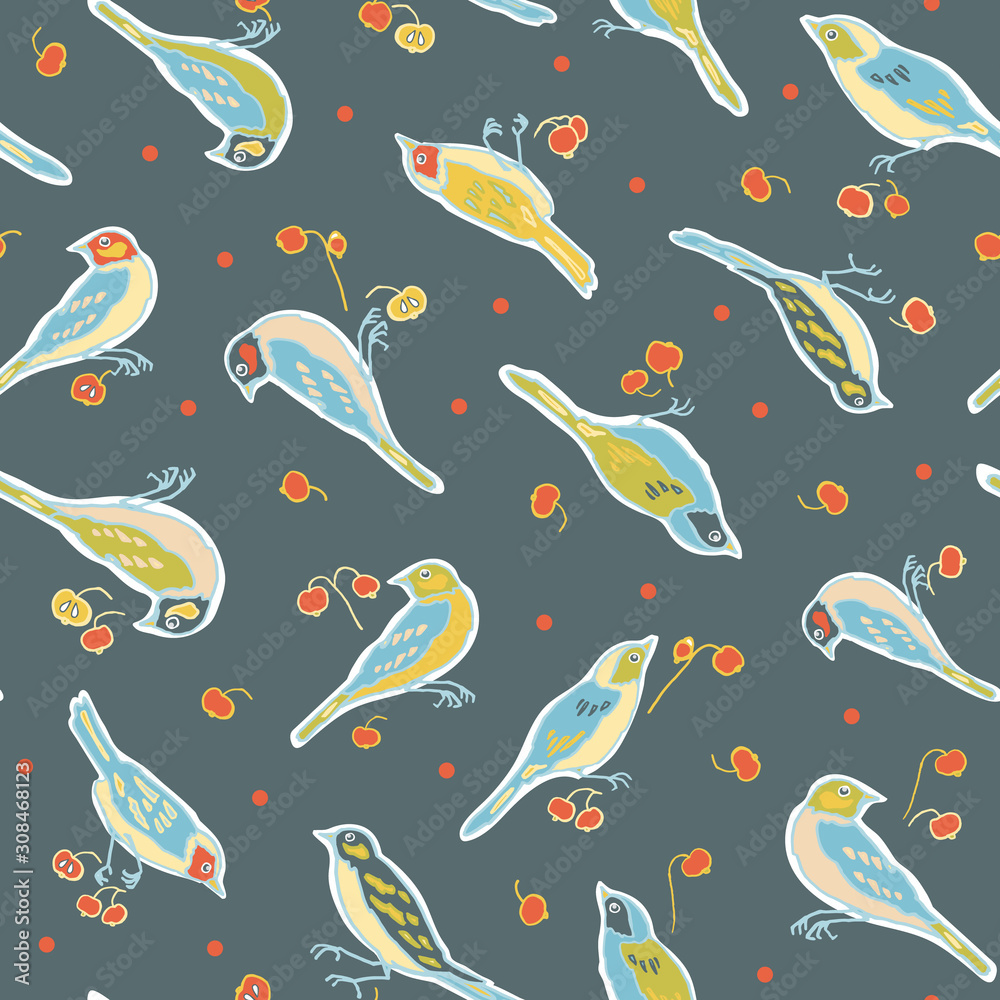 Cute vintage seamless floral vector bird pattern. All over print with sitting bird, appel, retro hipster vintage fans, dot on blue background. Perfect for print, fabric and wallpaper.