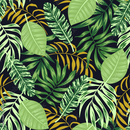 Fototapeta Naklejka Na Ścianę i Meble -  Seamless pattern with colorful tropical plants and leaves on dark background. Exotic wallpaper, Hawaiian style. Jungle leaves. Botanical pattern. Vector background for various surface. 