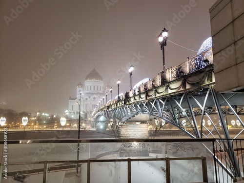 Orthodox church of Christ the Savior and trees after ice storm in Moscow, Russia