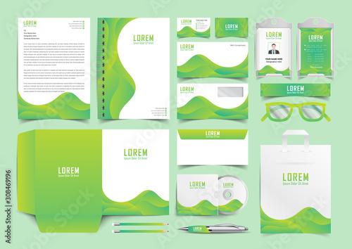 corporate business stationery template set mockup design with green wavy shape