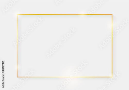 Gold shiny glowing vintage frame with shadows isolated on transparent background. Golden luxury realistic rectangle border. Vector